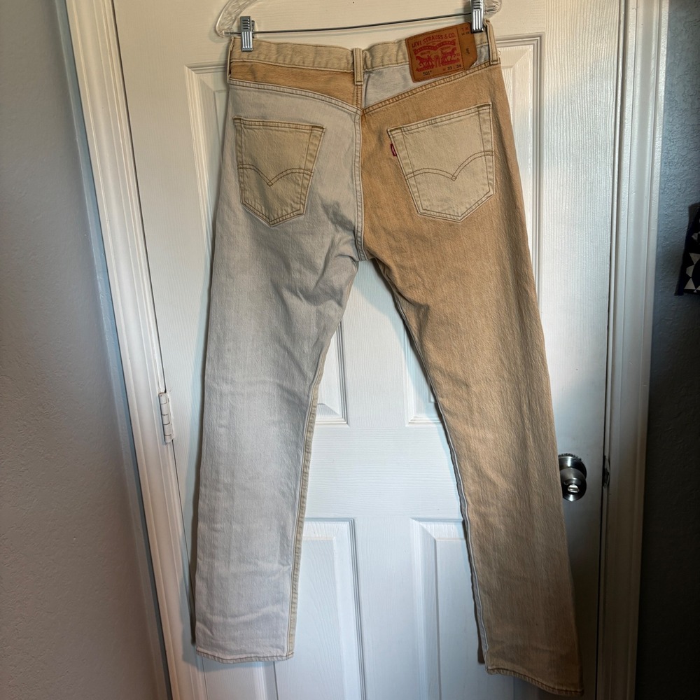 Levis 501 Men's Original Fit Two Tone Colorblock Jeans Tan Light Wash 33x34 - Picture 4 of 15